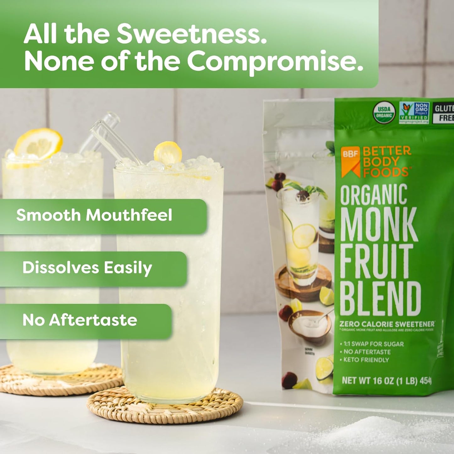 Better Body Foods - Organic Monk Fruit & Allulose Blend (0-Calorie Sugar Substitute) - 16oz Bag
