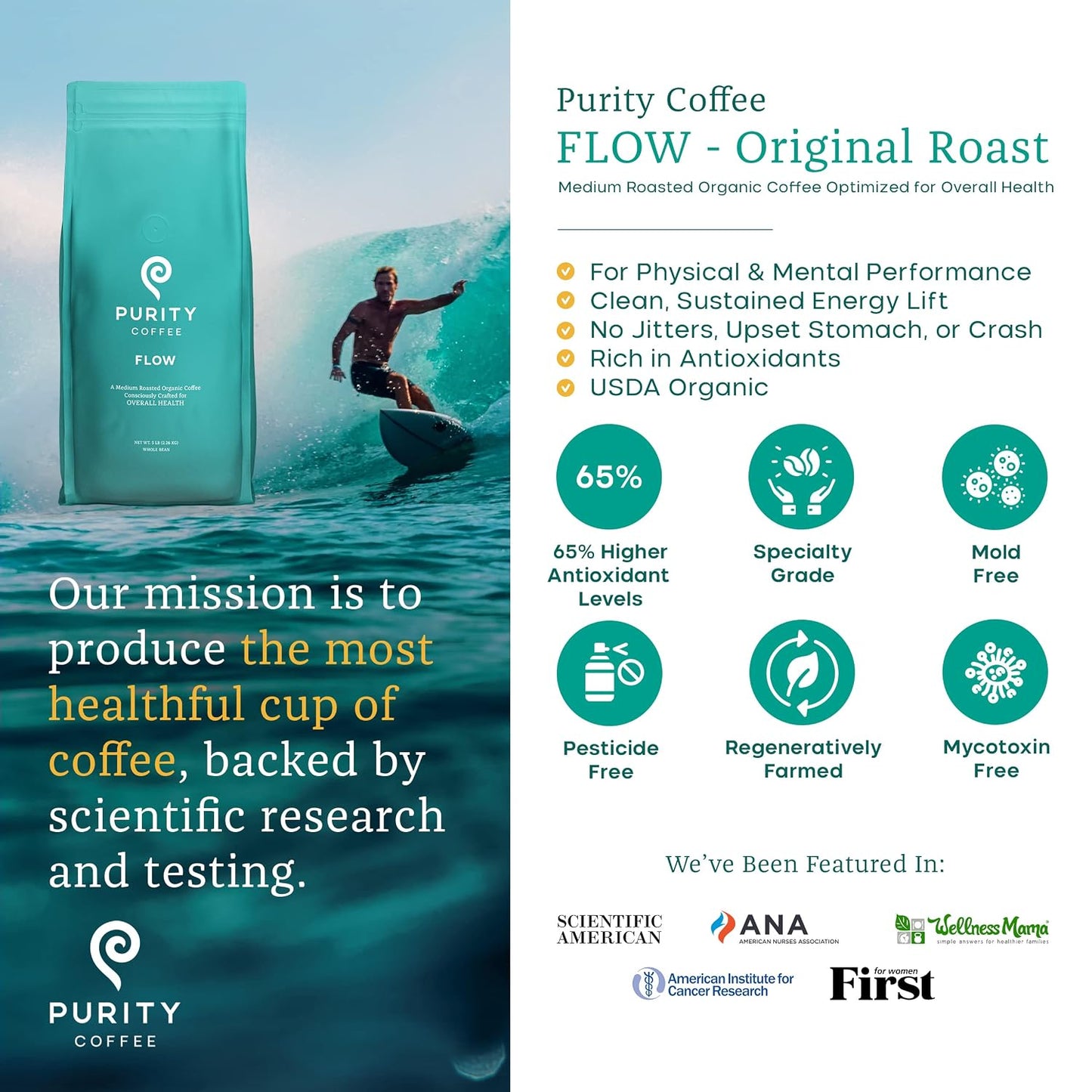 Purity Coffee FLOW Original Medium Roast Whole Bean (5lb Bag)
